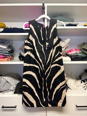 LOFT Black and Cream Zebra-Pattern Mini Shift Dress